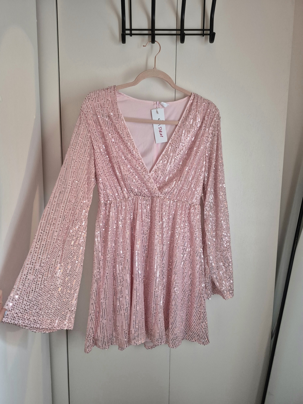Sequin V-Neck Mini Dress in Light Pink